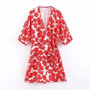 Red & Fuchsia Floral Wrap Dress